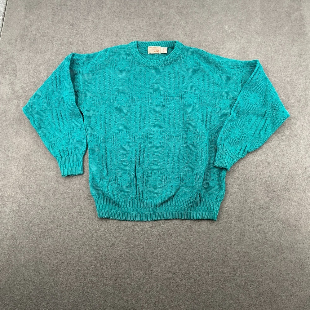 The Fox Collection Sweater Sz Medium Teal Blue Cotton‎ Textured Knit Crew Neck